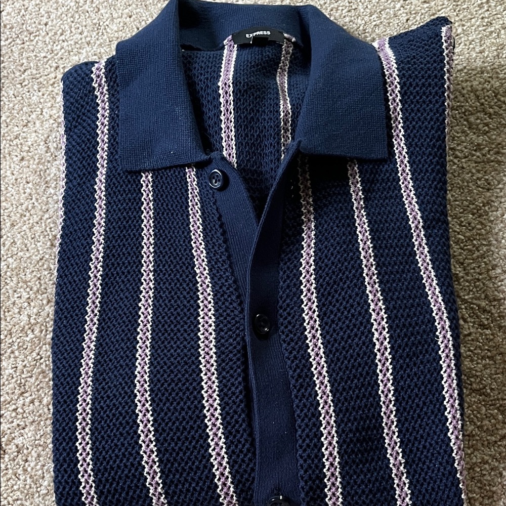 Express Men’s Navy Cardigan with White & Light Purple Stripes